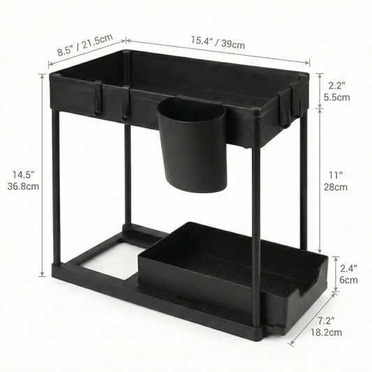 Black bathroom caddy with dimensions displayed