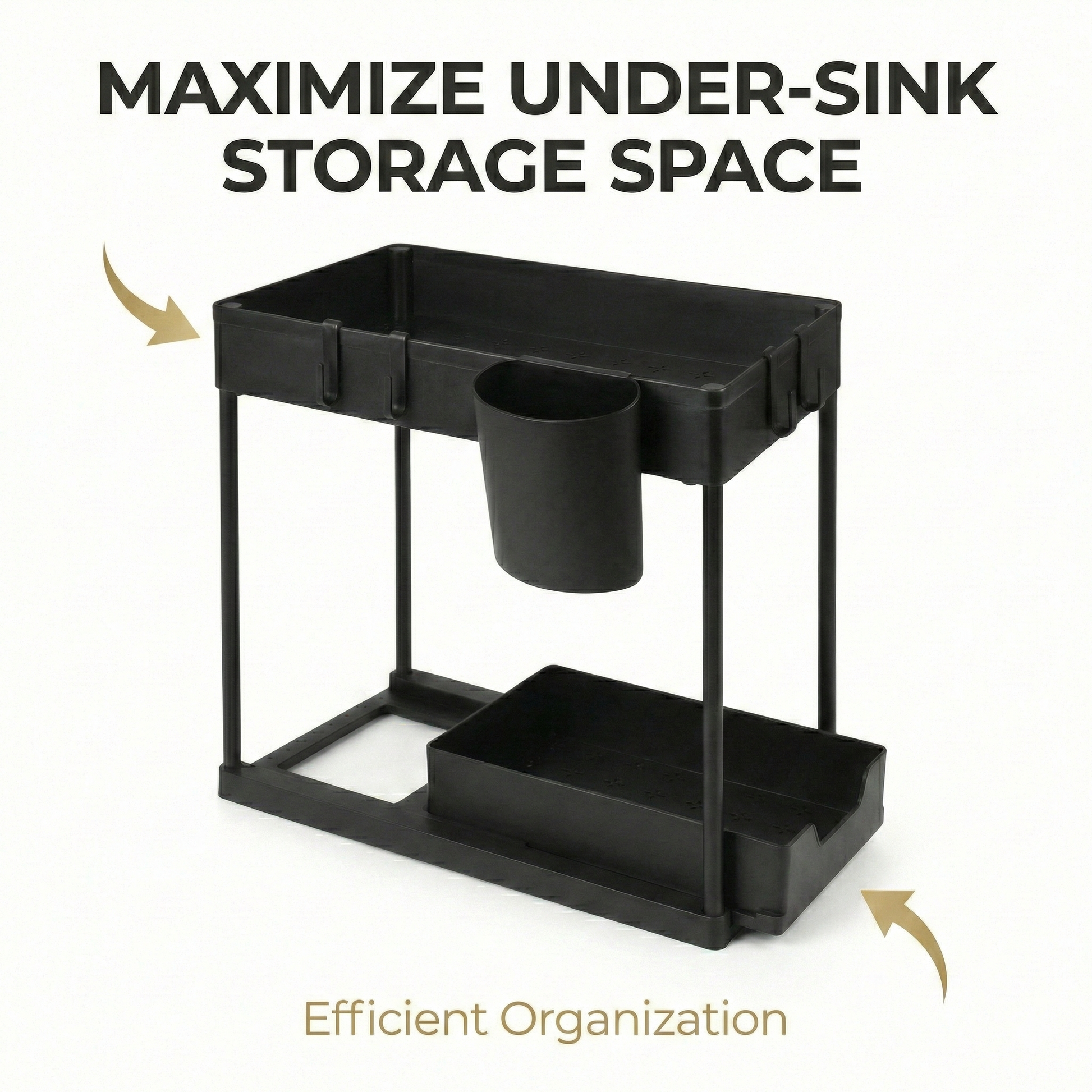 Black under-sink storage organizer with text on maximizing storage space