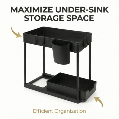 Black under-sink storage organizer with text on maximizing storage space