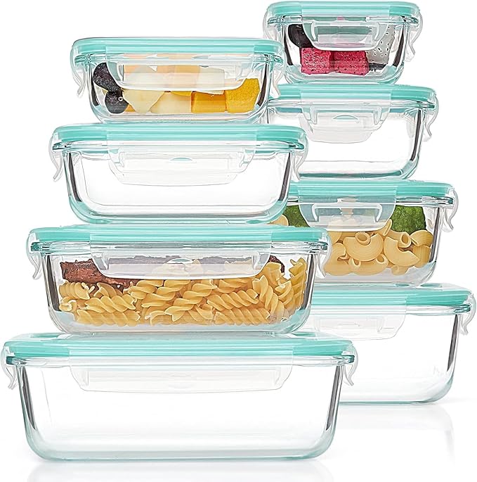 8 Pack Glass Container Food Storage, Glass Meal Prep Containers with Lids, Airtight Lunch Boxes with Leak Proof Locking Lids, for Microwave, Oven, Freezer and Dishwasher