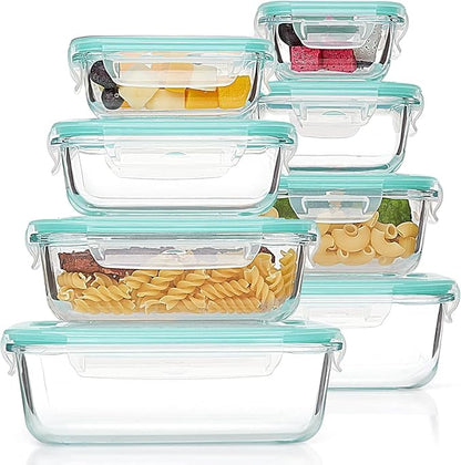 8 Pack Glass Container Food Storage, Glass Meal Prep Containers with Lids, Airtight Lunch Boxes with Leak Proof Locking Lids, for Microwave, Oven, Freezer and Dishwasher