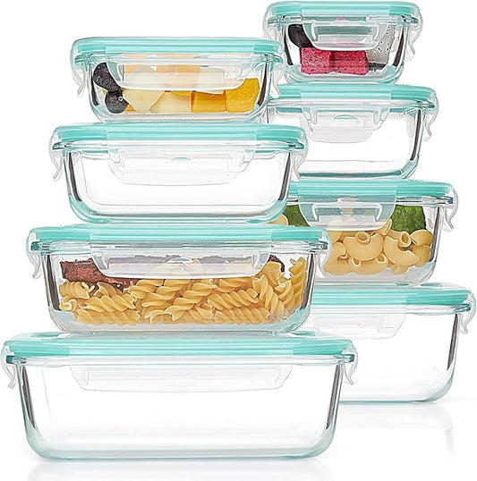 8 Pack Glass Container Food Storage, Glass Meal Prep Containers with Lids, Airtight Lunch Boxes with Leak Proof Locking Lids, for Microwave, Oven, Freezer and Dishwasher