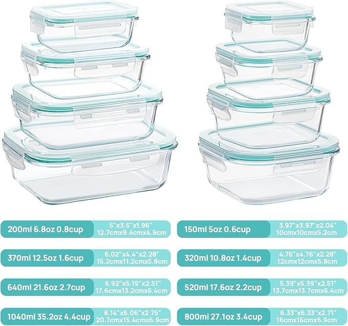 8 Pack Glass Container Food Storage, Glass Meal Prep Containers with Lids, Airtight Lunch Boxes with Leak Proof Locking Lids, for Microwave, Oven, Freezer and Dishwasher