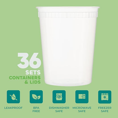 KitchX 32 Oz Deli Food Containers with Lids - (36 Sets) Quart Size Airtight Food Storage Takeout Meal Prep Containers To Go with 36 Lids, BPA-Free, Dishwasher, Microwave Safe