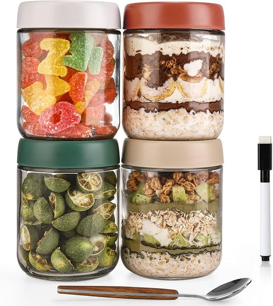Overnight Oats Jar,Mason Jars,Overnight Oats Containers With Lids,16 OZ - Set Of 4,Chia Pudding Jars With Lids, Oatmeal Container To Go, With Spoon And Marker