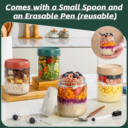 Overnight Oats Jar,Mason Jars,Overnight Oats Containers With Lids,16 OZ - Set Of 4,Chia Pudding Jars With Lids, Oatmeal Container To Go, With Spoon And Marker