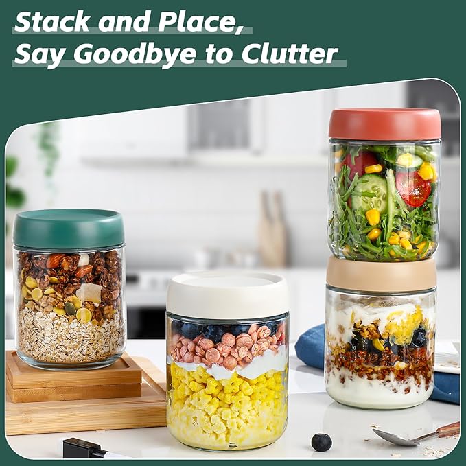 Overnight Oats Jar,Mason Jars,Overnight Oats Containers With Lids,16 OZ - Set Of 4,Chia Pudding Jars With Lids, Oatmeal Container To Go, With Spoon And Marker