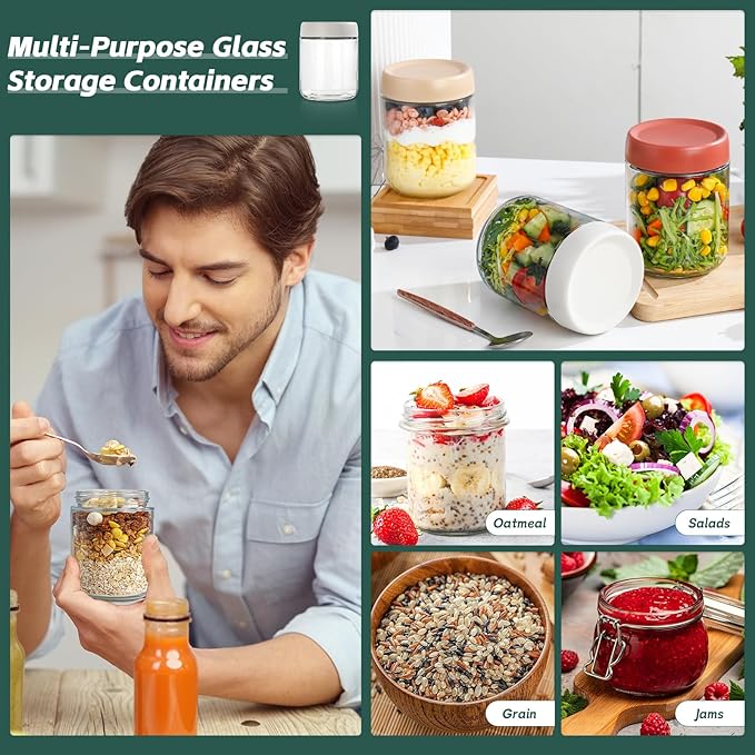 Overnight Oats Jar,Mason Jars,Overnight Oats Containers With Lids,16 OZ - Set Of 4,Chia Pudding Jars With Lids, Oatmeal Container To Go, With Spoon And Marker