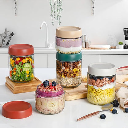 Overnight Oats Jar,Mason Jars,Overnight Oats Containers With Lids,16 OZ - Set Of 4,Chia Pudding Jars With Lids, Oatmeal Container To Go, With Spoon And Marker