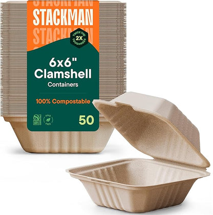 100% Compostable Clamshell Take Out Food Containers [6x6" 50-Pack] Heavy-Duty Quality to go Containers, Natural Disposable Bagasse, Eco-Friendly Biodegradable Made of Sugar Cane Fibers