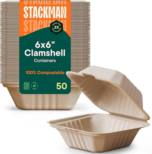 100% Compostable Clamshell Take Out Food Containers [6x6" 50-Pack] Heavy-Duty Quality to go Containers, Natural Disposable Bagasse, Eco-Friendly Biodegradable Made of Sugar Cane Fibers
