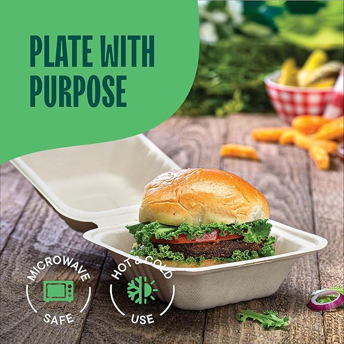 100% Compostable Clamshell Take Out Food Containers [6x6" 50-Pack] Heavy-Duty Quality to go Containers, Natural Disposable Bagasse, Eco-Friendly Biodegradable Made of Sugar Cane Fibers