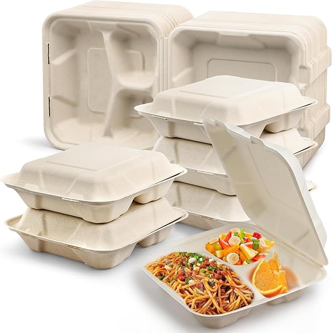 50 Pack Compostable Clamshell Take Out Food Containers, Biodegradable Clamshell Food Containers with Lids, 3 Compartment Disposable To Go Boxes for Hamburgers, Sandwiches, Pasta (8 Inch, 34 oz)