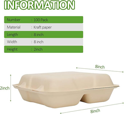 50 Pack Compostable Clamshell Take Out Food Containers, Biodegradable Clamshell Food Containers with Lids, 3 Compartment Disposable To Go Boxes for Hamburgers, Sandwiches, Pasta (8 Inch, 34 oz)