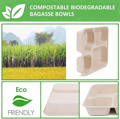 50 Pack Compostable Clamshell Take Out Food Containers, Biodegradable Clamshell Food Containers with Lids, 3 Compartment Disposable To Go Boxes for Hamburgers, Sandwiches, Pasta (8 Inch, 34 oz)