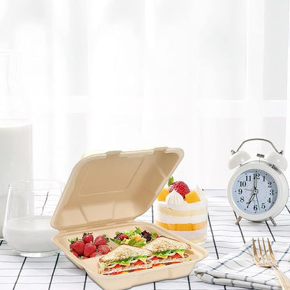 50 Pack Compostable Clamshell Take Out Food Containers, Biodegradable Clamshell Food Containers with Lids, 3 Compartment Disposable To Go Boxes for Hamburgers, Sandwiches, Pasta (8 Inch, 34 oz)