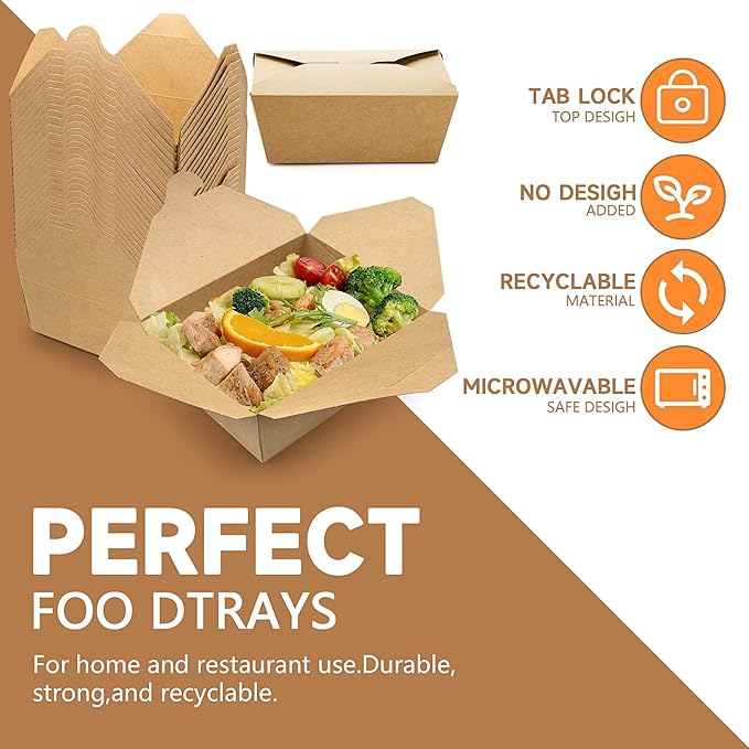 Take Out Food Containers,50 Pack 45oz Kraft Paper Take Out Boxes,Disposable Chinese To Go Containers for Restaurant Catering Party Food Truck