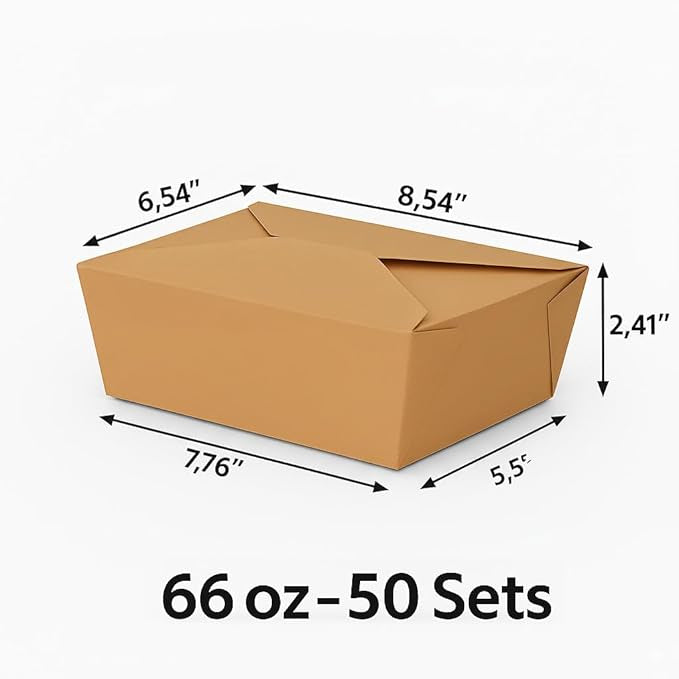 (66 oz - 50 Count) Kraft Take Out Food Containers, Microwave Safe Leak-Resistant Disposable Paper To Go Boxes, Eco-Friendly Stackable Takeout Boxes for Restaurants and Food Service