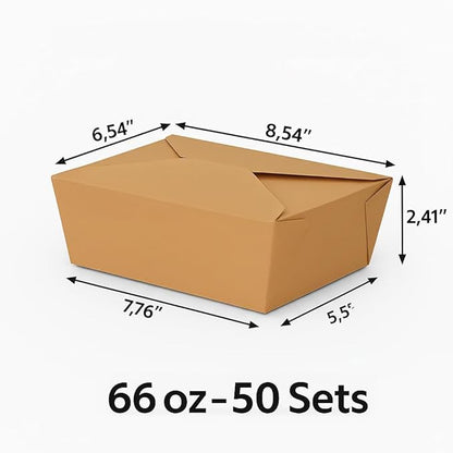 (66 oz - 50 Count) Kraft Take Out Food Containers, Microwave Safe Leak-Resistant Disposable Paper To Go Boxes, Eco-Friendly Stackable Takeout Boxes for Restaurants and Food Service