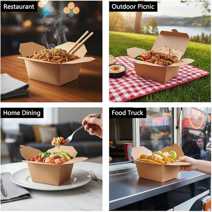 (66 oz - 50 Count) Kraft Take Out Food Containers, Microwave Safe Leak-Resistant Disposable Paper To Go Boxes, Eco-Friendly Stackable Takeout Boxes for Restaurants and Food Service