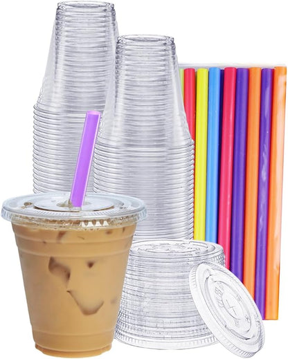[12 oz. - 100 Count] Clear Cups with Flat Lids & Straws - Disposable Clear Drinking Cups for Iced Coffee, Cold Drinks, Milkshakes, and Smoothies - Formerly Comfy Package