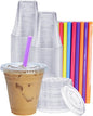 [12 oz. - 100 Count] Clear Cups with Flat Lids & Straws - Disposable Clear Drinking Cups for Iced Coffee, Cold Drinks, Milkshakes, and Smoothies - Formerly Comfy Package