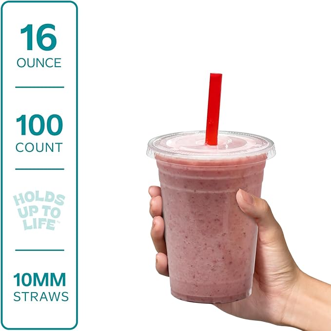[16 oz. - 100 Sets] Clear Cups with Flat Lids & Straws - Disposable Clear Drinking Cups for Iced Coffee, Cold Drinks, Milkshakes, and Smoothies - Formerly Comfy Package