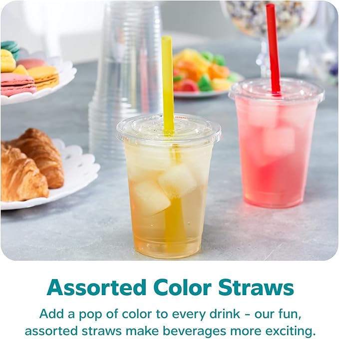 [16 oz. - 100 Sets] Clear Cups with Flat Lids & Straws - Disposable Clear Drinking Cups for Iced Coffee, Cold Drinks, Milkshakes, and Smoothies - Formerly Comfy Package
