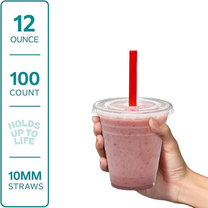 [12 oz. - 100 Count] Clear Cups with Flat Lids & Straws - Disposable Clear Drinking Cups for Iced Coffee, Cold Drinks, Milkshakes, and Smoothies - Formerly Comfy Package