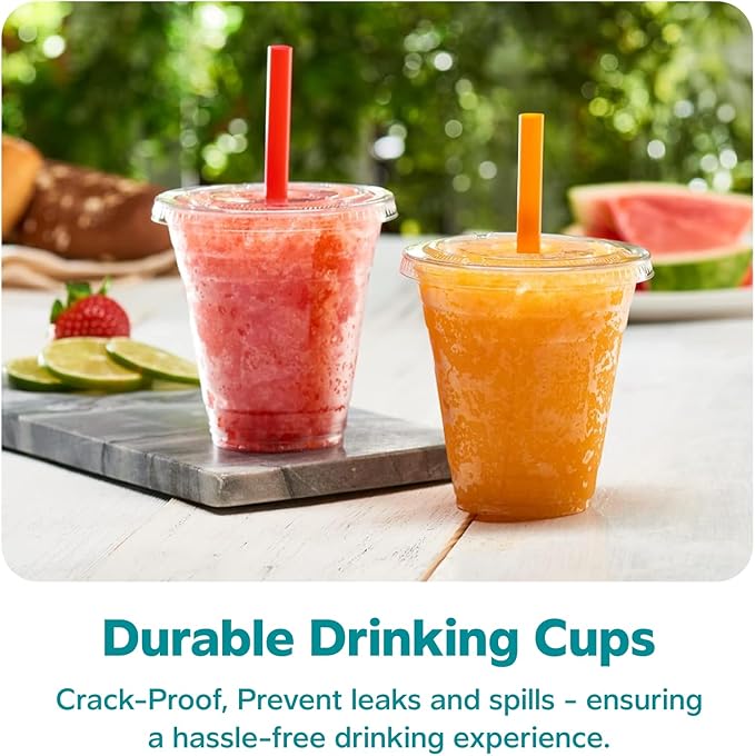 [12 oz. - 100 Count] Clear Cups with Flat Lids & Straws - Disposable Clear Drinking Cups for Iced Coffee, Cold Drinks, Milkshakes, and Smoothies - Formerly Comfy Package