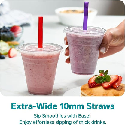 [12 oz. - 100 Count] Clear Cups with Flat Lids & Straws - Disposable Clear Drinking Cups for Iced Coffee, Cold Drinks, Milkshakes, and Smoothies - Formerly Comfy Package