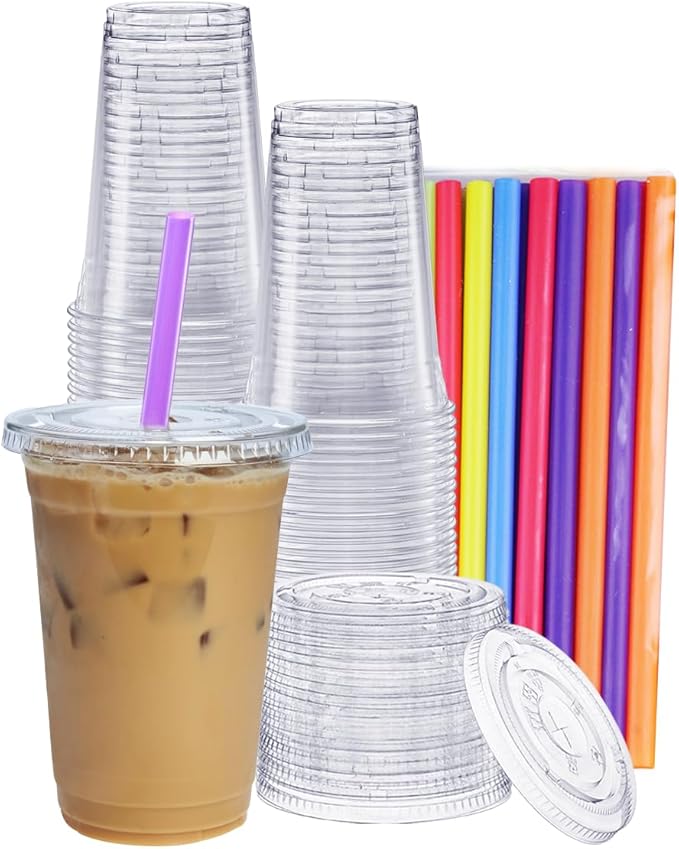 [20 oz. - 100 Count] Clear Cups with Flat Lids & Straws - Disposable Clear Drinking Cups for Iced Coffee, Cold Drinks, Milkshakes, and Smoothies - Formerly Comfy Package