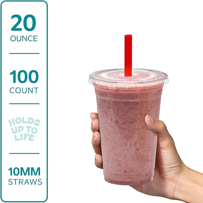 [20 oz. - 100 Count] Clear Cups with Flat Lids & Straws - Disposable Clear Drinking Cups for Iced Coffee, Cold Drinks, Milkshakes, and Smoothies - Formerly Comfy Package