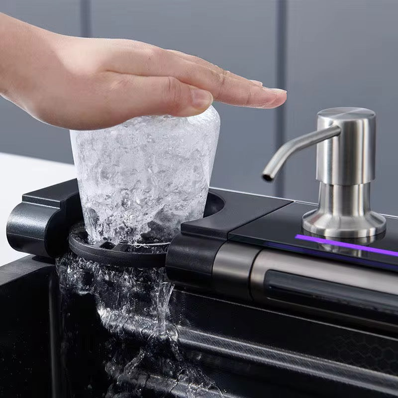 Kitchen Sink Whale Double Waterfall Sink with LED Display with Cup Washer, soap Dispenser, Waterfall Mixer, countertop Controls, etc. Workstation Kitchen Sink