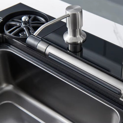 Kitchen Sink Whale Double Waterfall Sink with LED Display with Cup Washer, soap Dispenser, Waterfall Mixer, countertop Controls, etc. Workstation Kitchen Sink