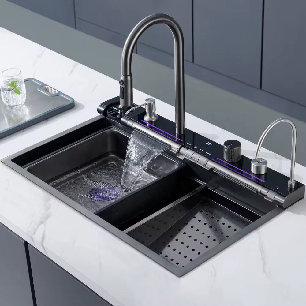 Kitchen Sink Whale Double Waterfall Sink with LED Display with Cup Washer, soap Dispenser, Waterfall Mixer, countertop Controls, etc. Workstation Kitchen Sink