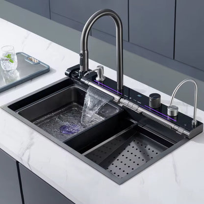Kitchen Sink Whale Double Waterfall Sink with LED Display with Cup Washer, soap Dispenser, Waterfall Mixer, countertop Controls, etc. Workstation Kitchen Sink