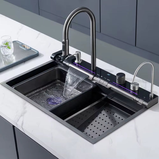 Kitchen Sink Whale Double Waterfall Sink with LED Display with Cup Washer, soap Dispenser, Waterfall Mixer, countertop Controls, etc. Workstation Kitchen Sink