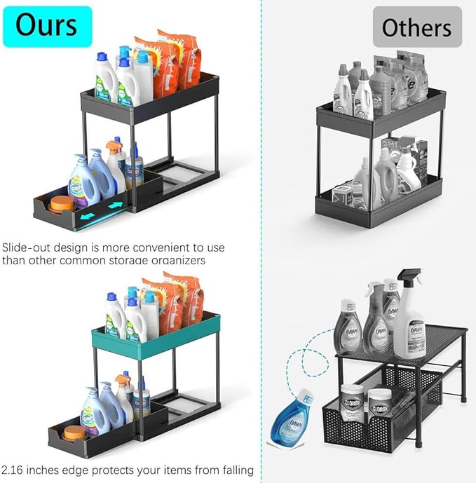 Comparison of a slide-out storage organizer with other similar products on a white background.