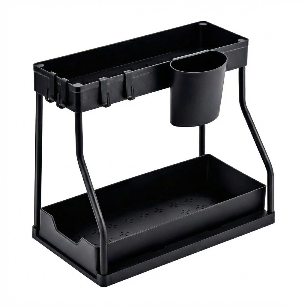Black metal shelf with cup holder on a white background
