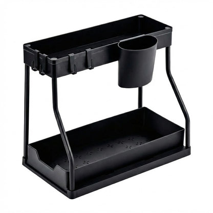 Black metal shelf with cup holder on a white background
