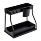 Black metal shelf with cup holder on a white background