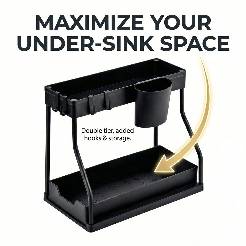 Black under-sink storage organizer with text on maximizing space