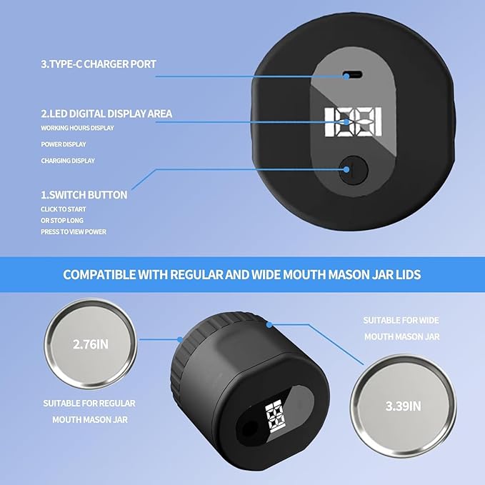 Electric Mason Jar Vacuum Sealer Kit, Cordless Vacuum Sealer for Wide and Regular Mouth Mason Jars, with Can Opener, Lids