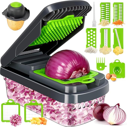 KitchX 12-in-1 Pro Chopper, Vegetable Chopper,12-in-1 Multifunctional Food Chopper,Professional Onion Chopper with 7 Blades,Vegetable Cutter with Container for Salad,Potato,Carrot,and Garlic; Essential Kitchen Tool(Grey)