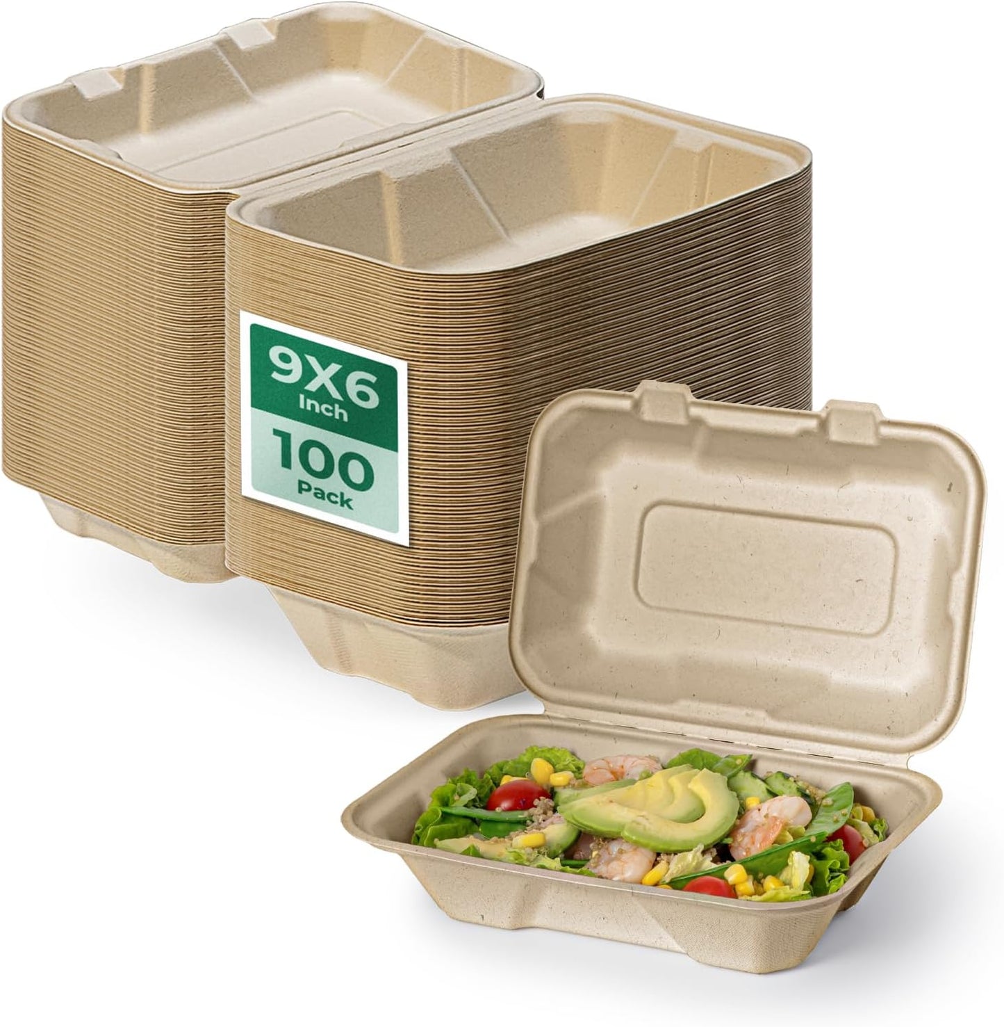 100 Pack 9x6x3” Compostable To Go Food Containers Disposable To Go Boxes Clamshell Kraft, Eco Friendly 100% Biodegradable Bagasse Take Home Containers for Food, Microwave Safe