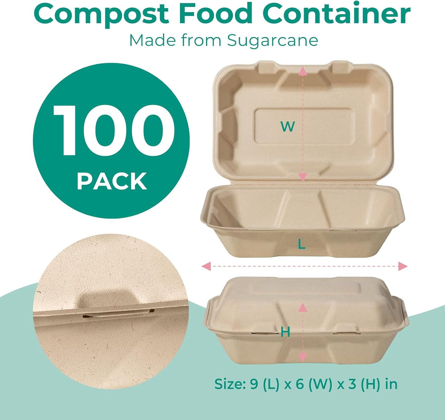 100 Pack 9x6x3” Compostable To Go Food Containers Disposable To Go Boxes Clamshell Kraft, Eco Friendly 100% Biodegradable Bagasse Take Home Containers for Food, Microwave Safe