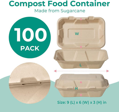 100 Pack 9x6x3” Compostable To Go Food Containers Disposable To Go Boxes Clamshell Kraft, Eco Friendly 100% Biodegradable Bagasse Take Home Containers for Food, Microwave Safe