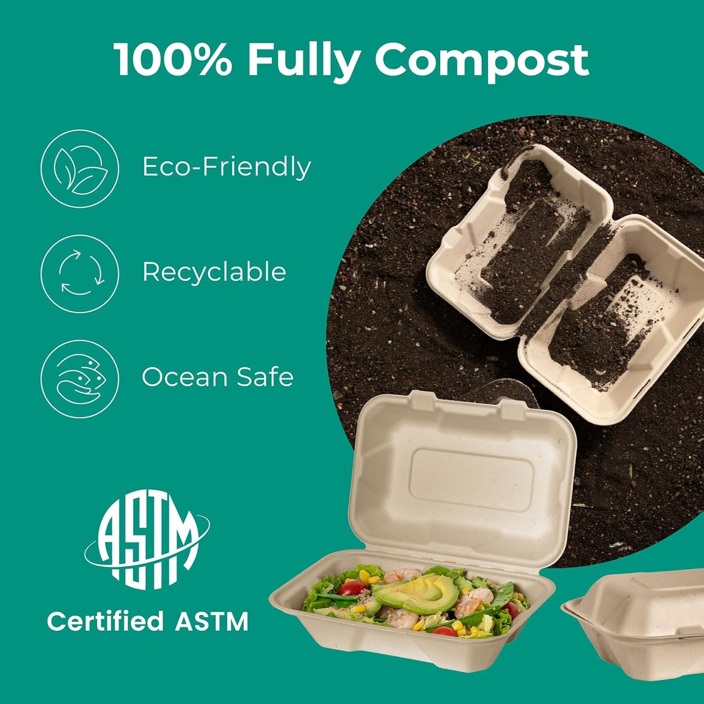 100 Pack 9x6x3” Compostable To Go Food Containers Disposable To Go Boxes Clamshell Kraft, Eco Friendly 100% Biodegradable Bagasse Take Home Containers for Food, Microwave Safe