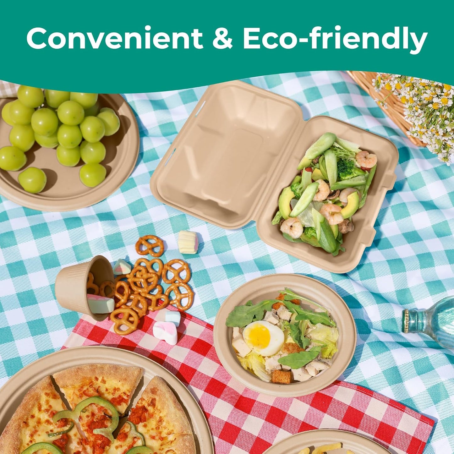 100 Pack 9x6x3” Compostable To Go Food Containers Disposable To Go Boxes Clamshell Kraft, Eco Friendly 100% Biodegradable Bagasse Take Home Containers for Food, Microwave Safe
